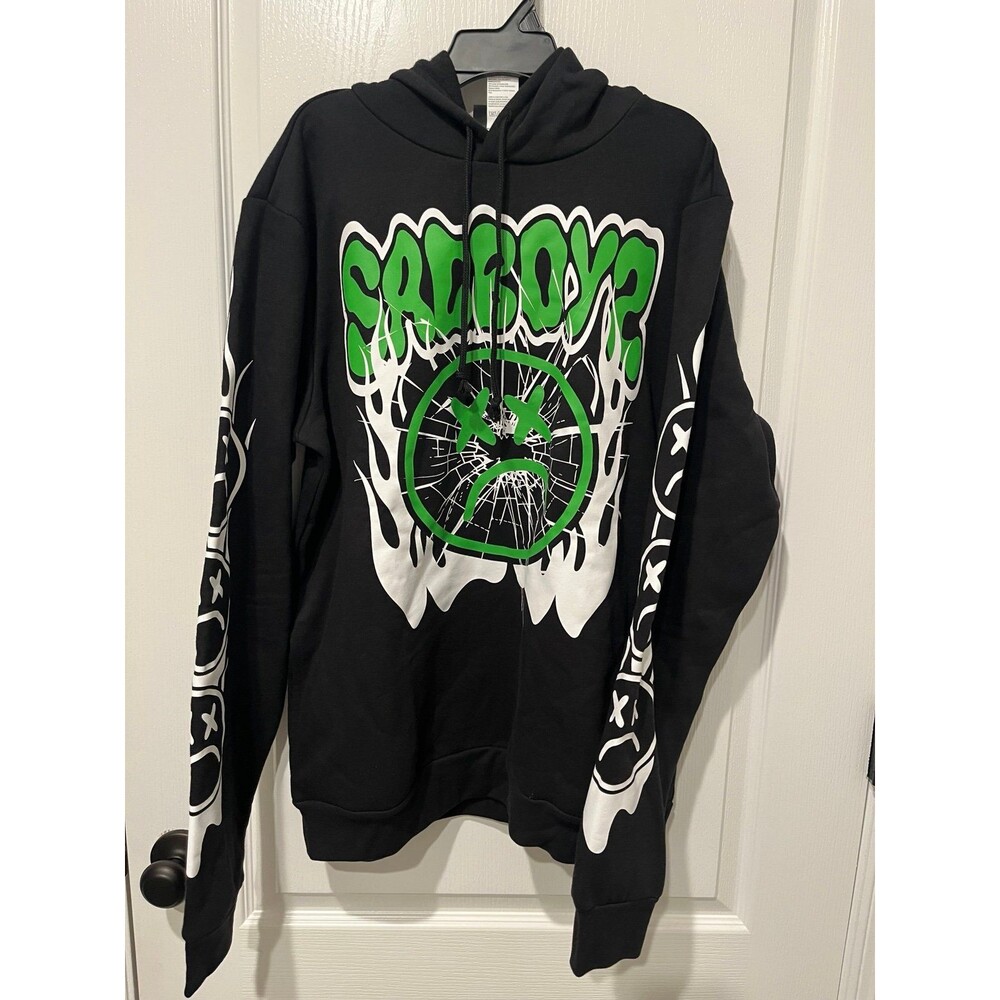 NWOT Sad Boyz Black Graphic Hoodie Green Drip Broken Smile Size Large